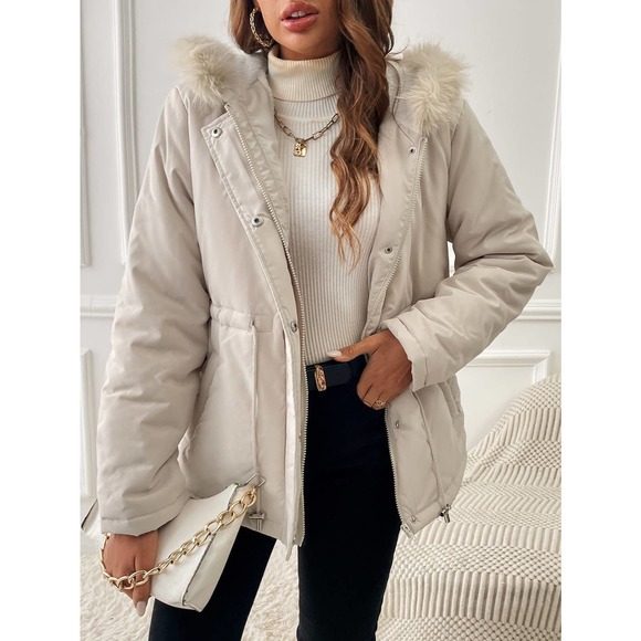 Faux fur Trim Drawstring Waist Hooded Parka puffer Coat tan - Picture 3 of 8